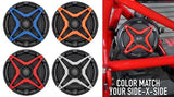 SSV Works speaker grille color options in blue, orange, red, and silver, next to a red grille pod mounted on a UTV cage