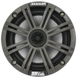 Kicker branded marine speaker with gunmetal grille in an SSV Works mounting enclosure