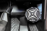 SSV Works kick panel speaker pod installed in a UTV front footwell