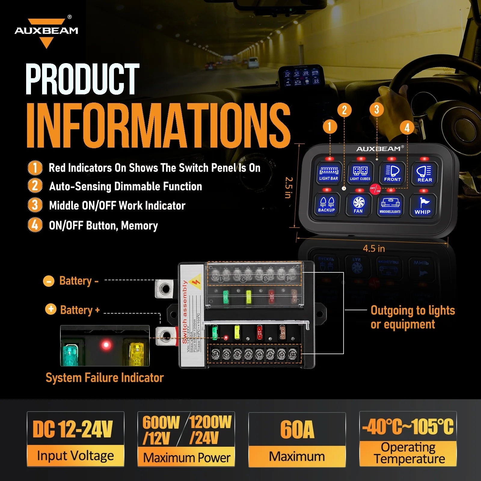 Auxbeam - BA80 8 GANG LED SWITCH PANEL KIT AUTOMATIC DIMMABLE