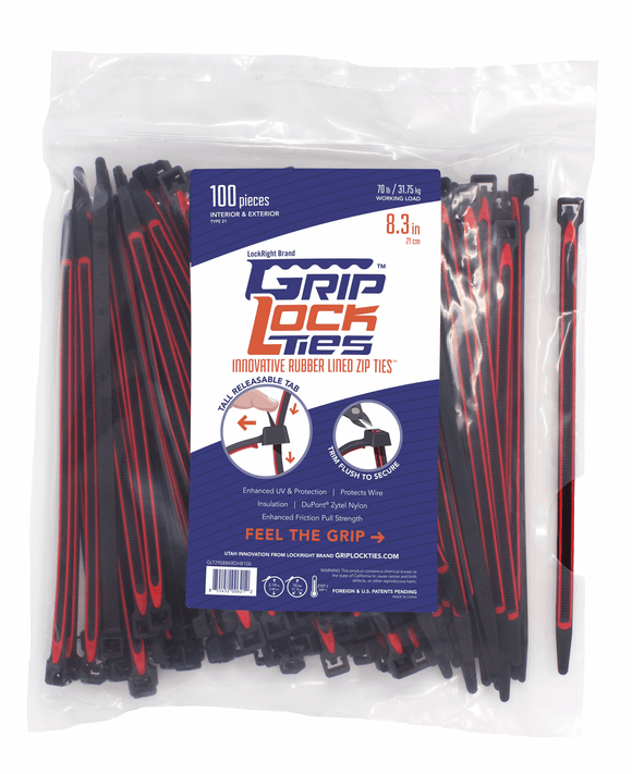 GripLockTies™ 8 inch 70 pound UV Black and Red 100 Bag