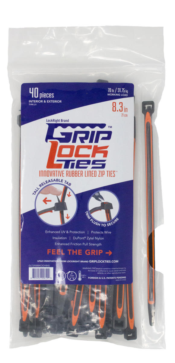 GripLockTies™ 8 inch 70 pound UV Black and Orange 40 bag