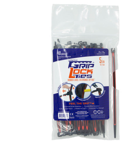 GripLockTies™ 5 Inch long, .17 Inch wide, Bag of 40, 22 Pound Rated, UV Black and Red Rubber.